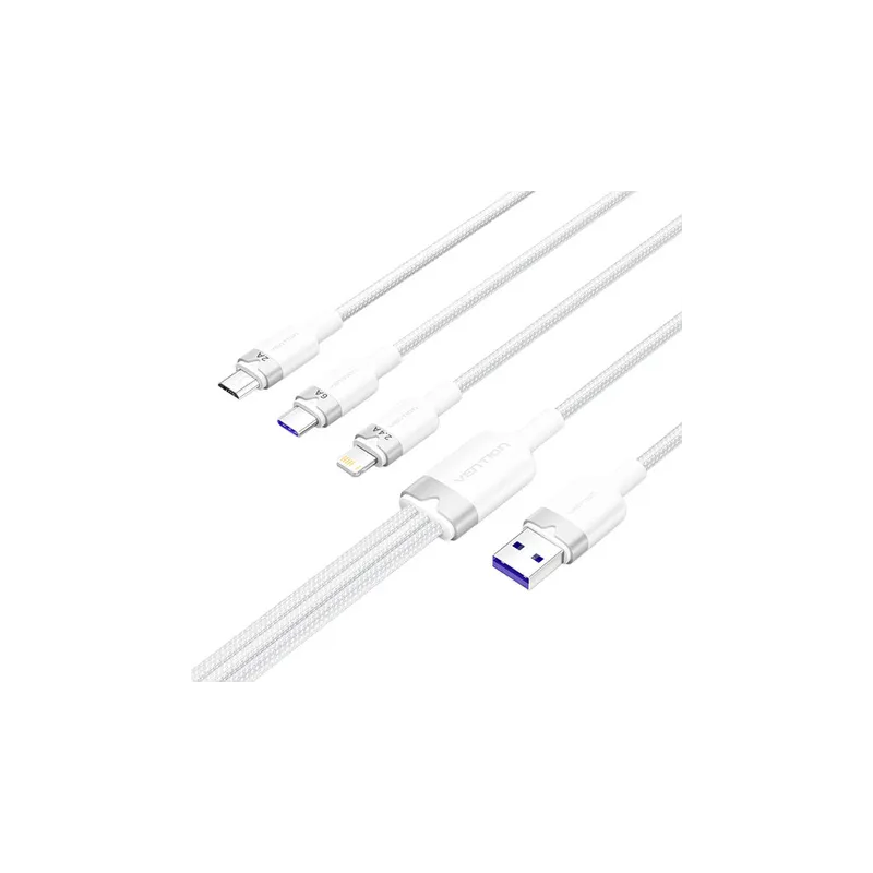 USB 2.0 A to 3-in-1 6A cable Vention CTRWG 1.5M (white)